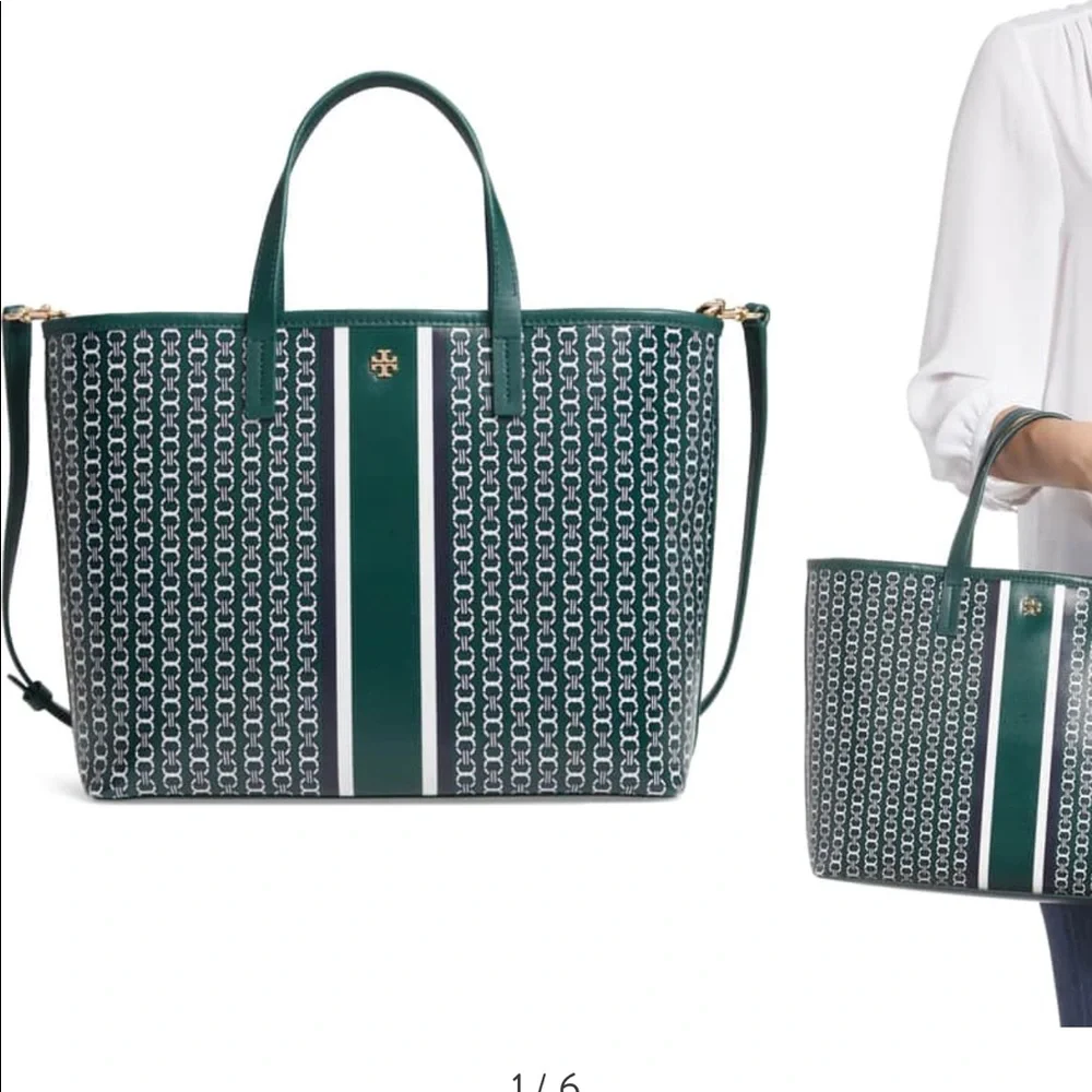 Tory Burch Green and White Logo-Print Tote